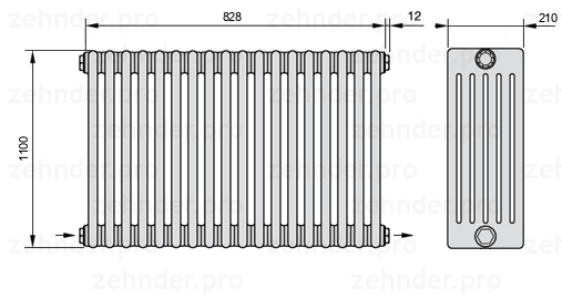 Схема (чертеж) Радиатор Zehnder Charleston 6110/18 №2670 Белый глянцевый RAL 9016